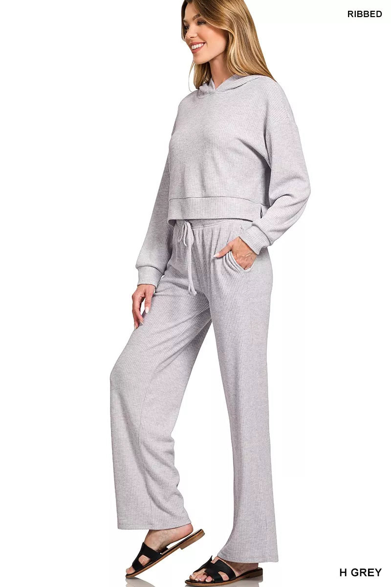 Zenana Drop Shoulder Ribbed Crop Hoodie in Grey