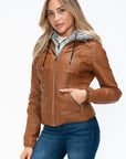 YMI Faux Layered Double-Zipper Jacket with Fuzzy Hood