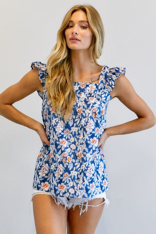 Davi &amp; Dani Floral Printed Ruffle Sleeveless Top