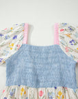 Floral Stripe Colorblock Square Neck Shirred Dress