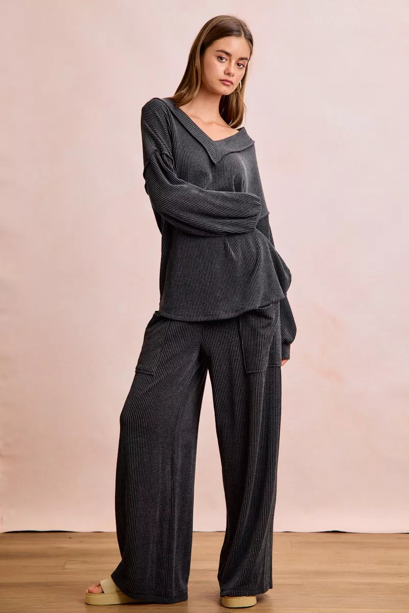 BiBi Two Tone Cord Rib Contrast Stitching V-Neck Top and Pants Set