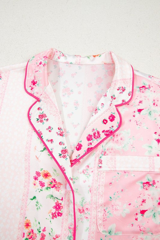 Floral Shirt Satin Tie and Shorts Pajama Set