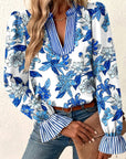 Floral Stripe Patchwork V-Neck Flounce Sleeve Blouse
