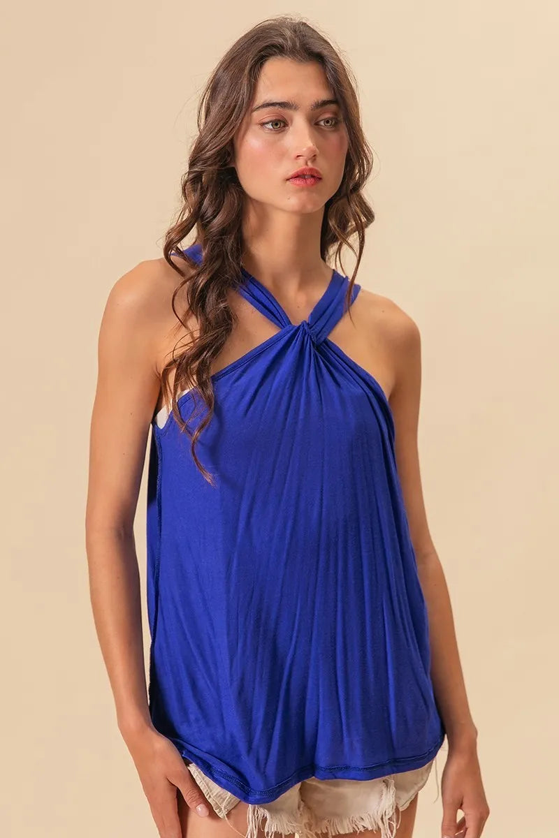 BiBi Rayon Span Jersey Knit Halter Neck Tank Top in Royal