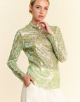 Davi & Dani Sequin Mock Neck Long Sleeve Mesh Top