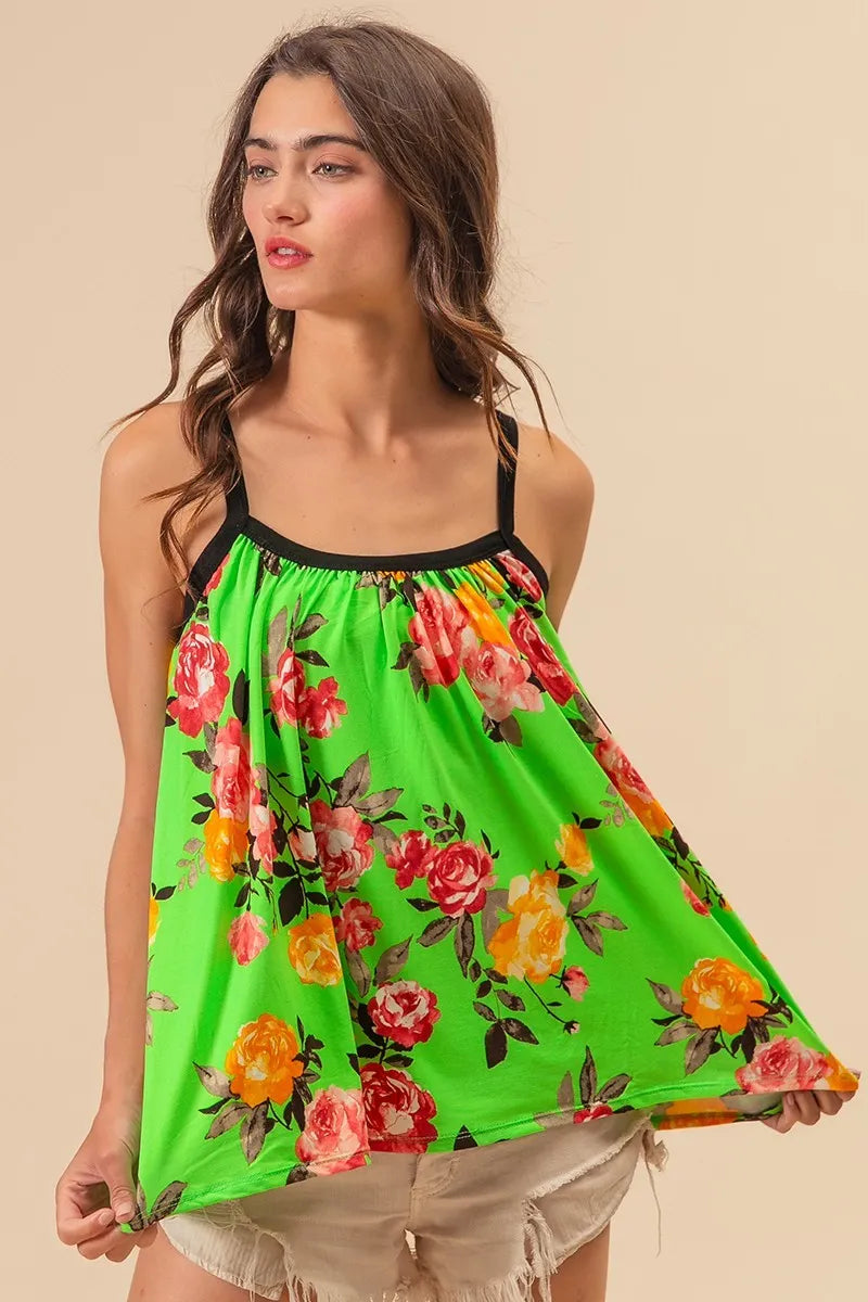 BiBi Floral Print Jersey Knit Gathering Cami Top in Lime