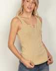 VERY J Washed Ribbed Tank with Placket Detail