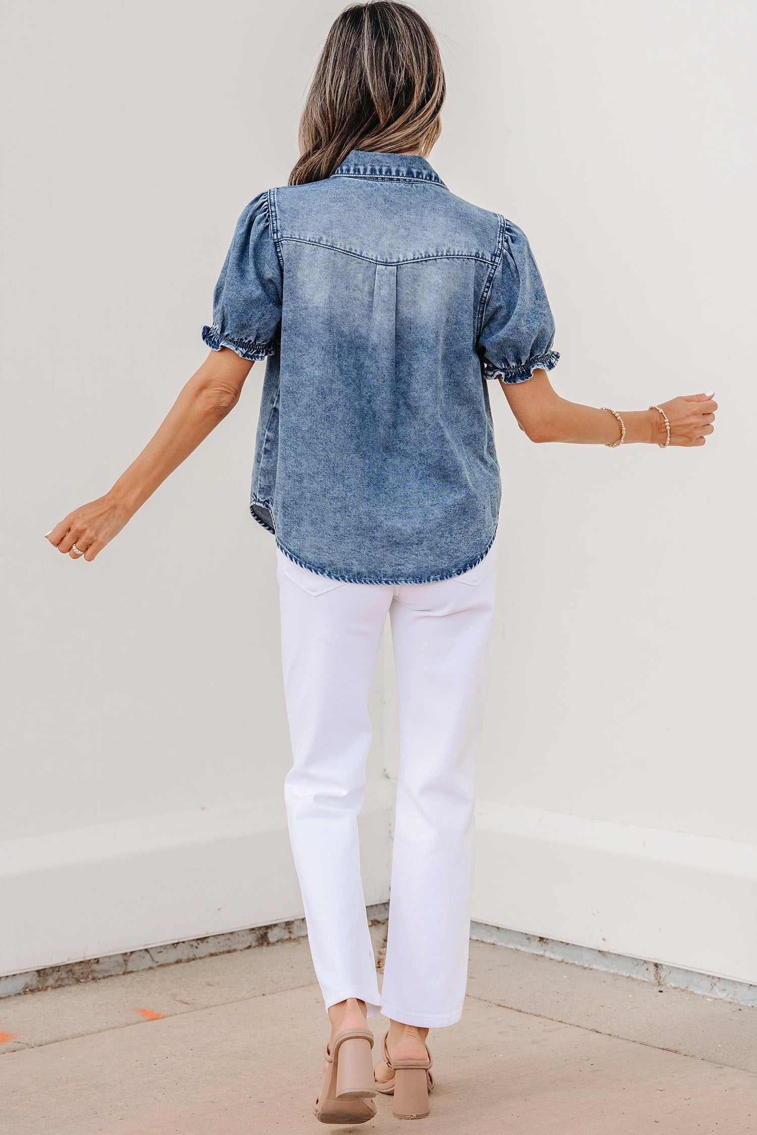 Denim Frilled Short Sleeve Snap Button Shirt