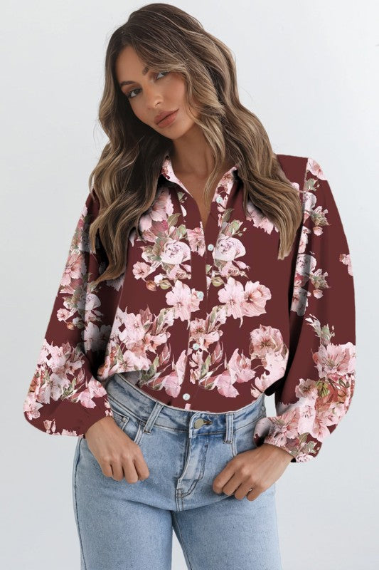 Floral Puff Sleeve Collared Shirt