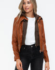 Snobbish Faux Leather Zip Up Drawstring Hooded Jacket