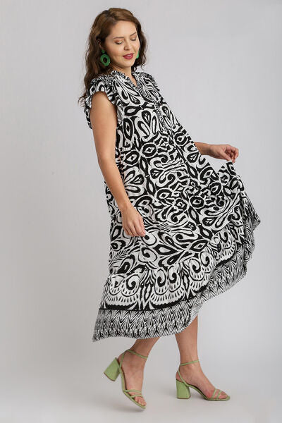 Umgee Full Size Two Tone Border Print Ruffle Cap Sleeve Midi Dress Plus Size