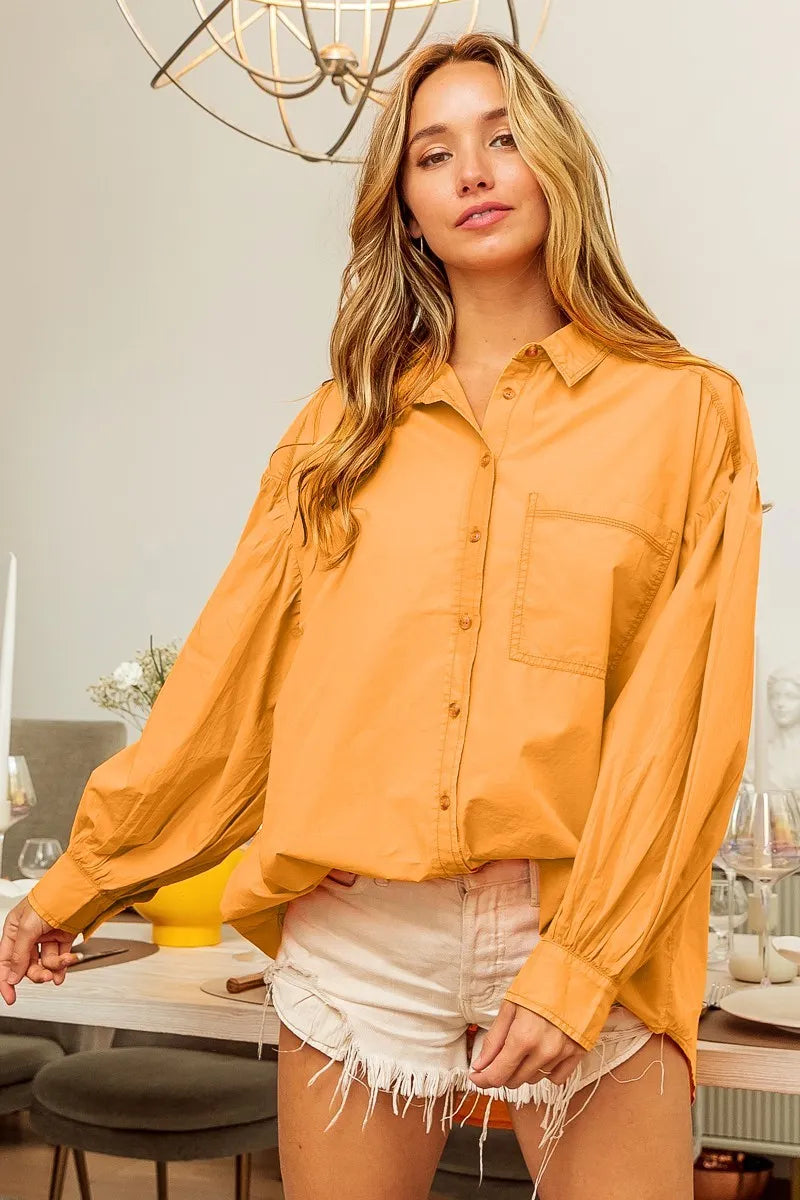 BiBi Vintage Washed Gathered Sleeve Oversized Shirt