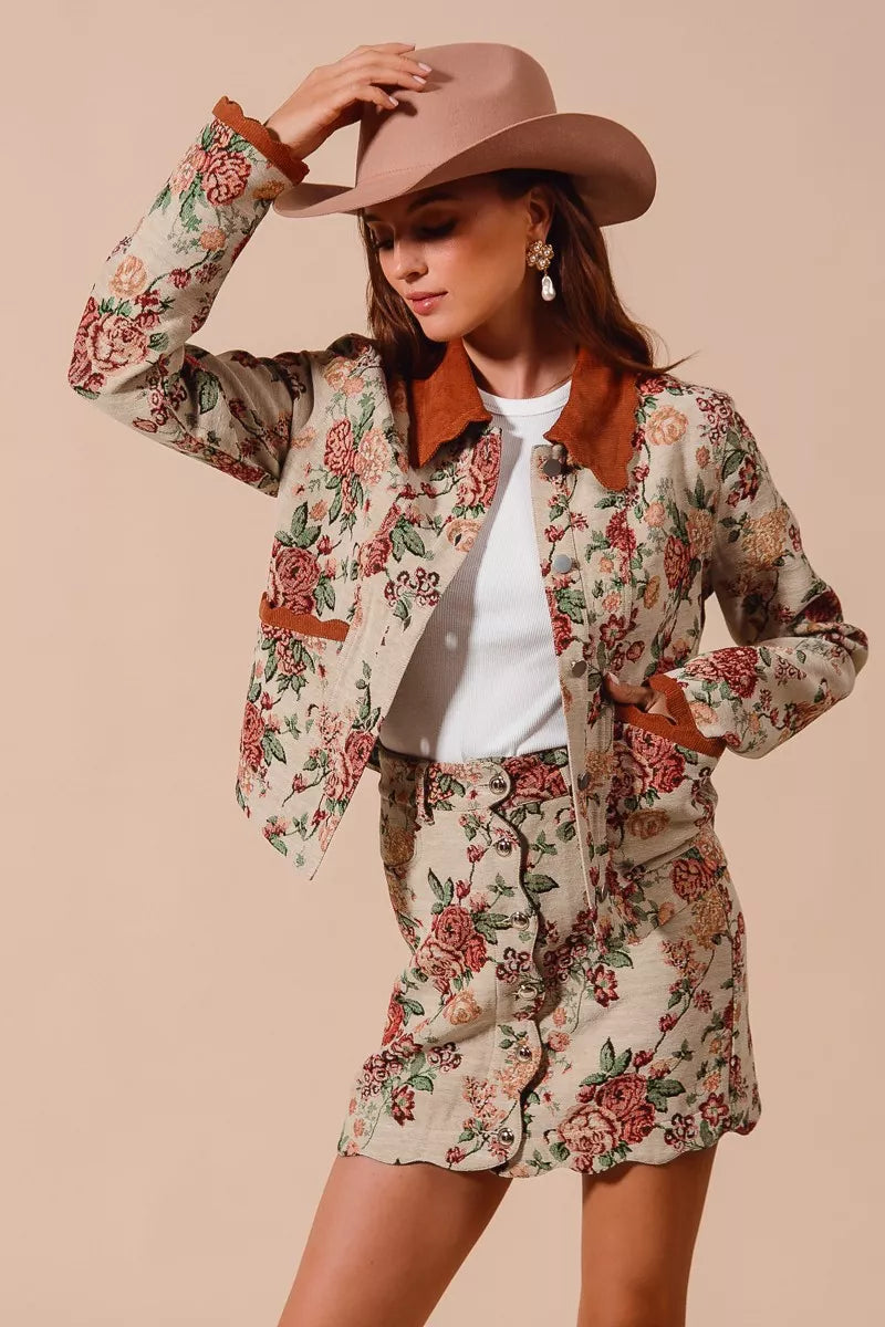 SO ME Floral Jacquard Button Front Mini Skirt with Scall