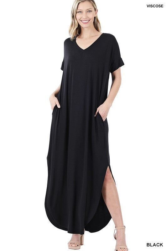 Zenana Side Slit V-Neck Short Sleeve Maxi Dress