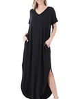 Zenana Side Slit V-Neck Short Sleeve Maxi Dress - My Pampered Life Seattle