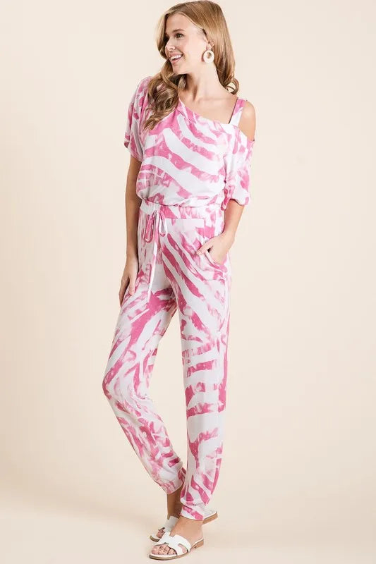 BiBi Zebra Print French Terry Top and Pants Set in Fuschia