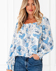 Floral Frilly Smocked Square Neck Long Sleeve Blouse