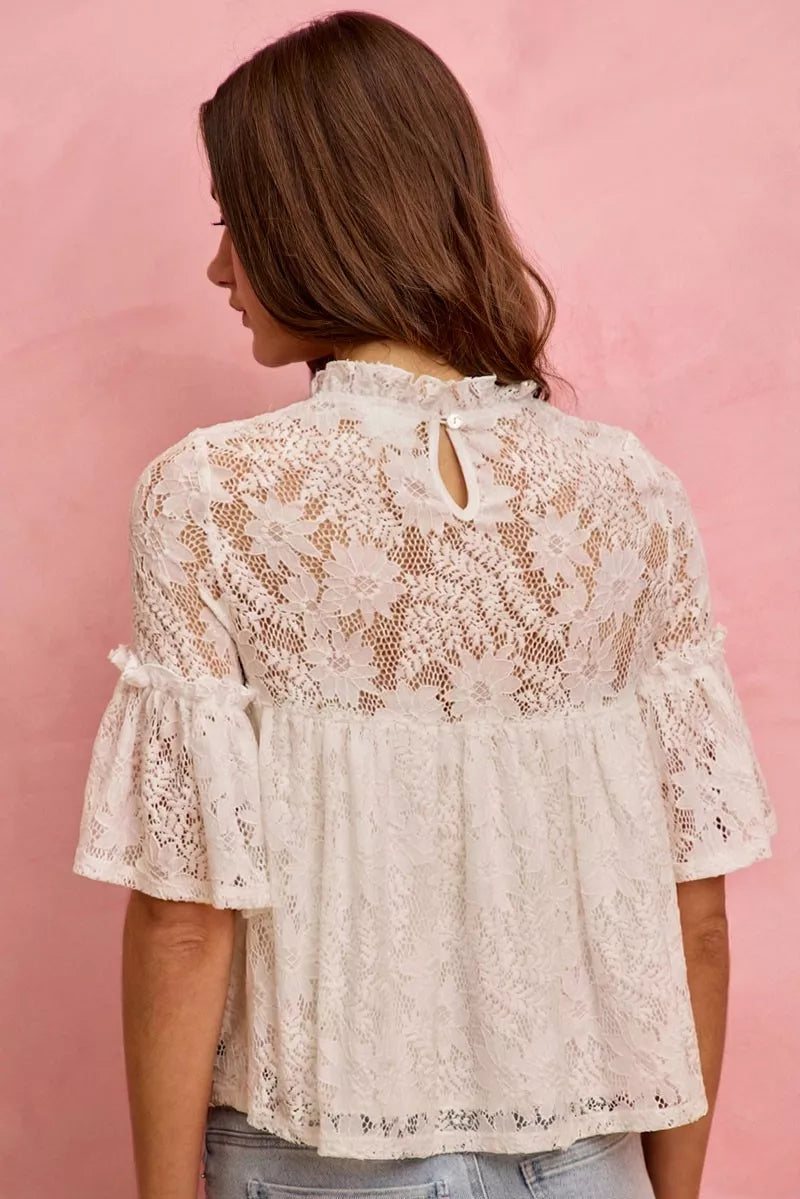SO ME Lace Ruffled Short Sleeves Swing Top