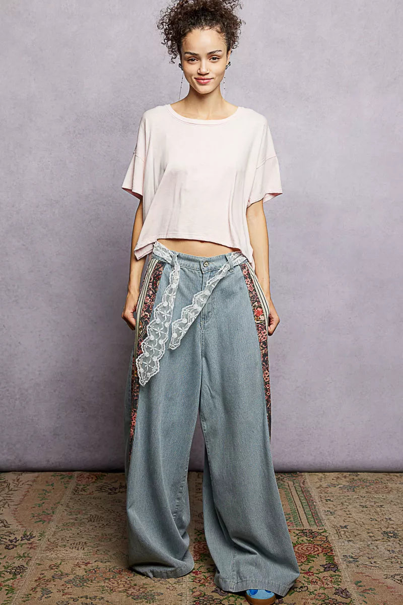 POL Round Neck Short Sleeve T-Shirt with High Low Hem