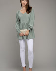 V Neck Solid Ruffle Hem Top