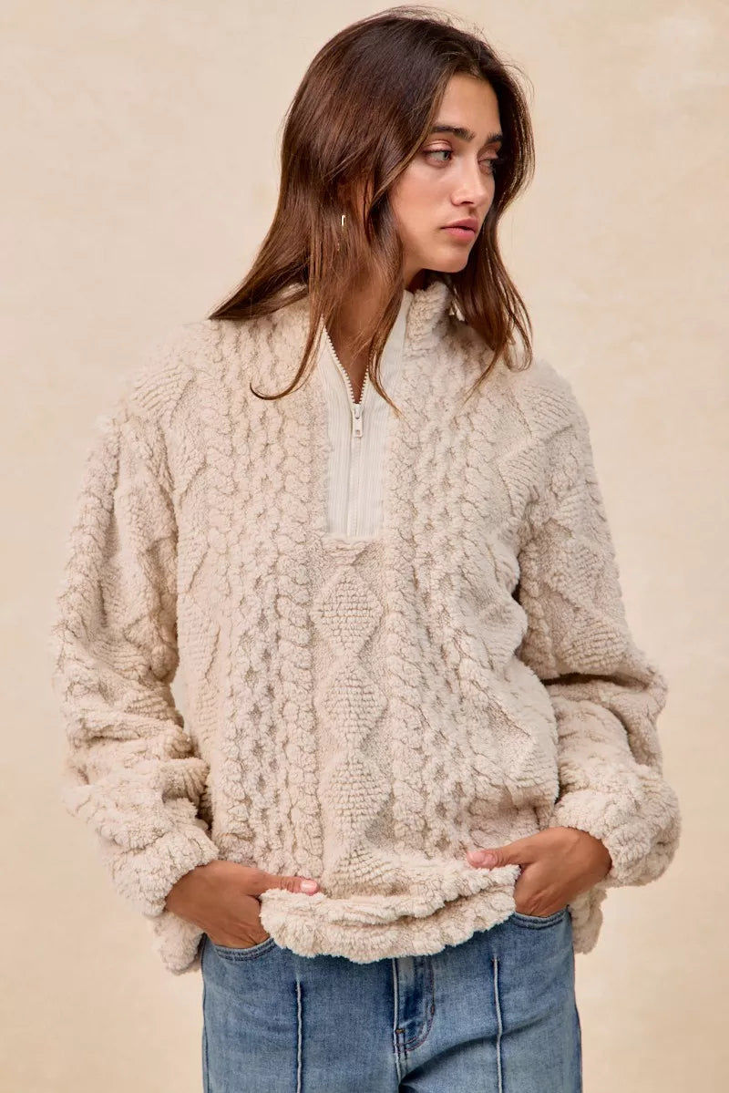 BiBi Patterned Soft Fleece Half Zip Up Top