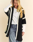 Davi & Dani Fuzzy Trim Open Front Loose Fit Cardigan