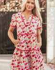 Floral Ricrac Puff Sleeve Pocketed Tiered Mini Dress