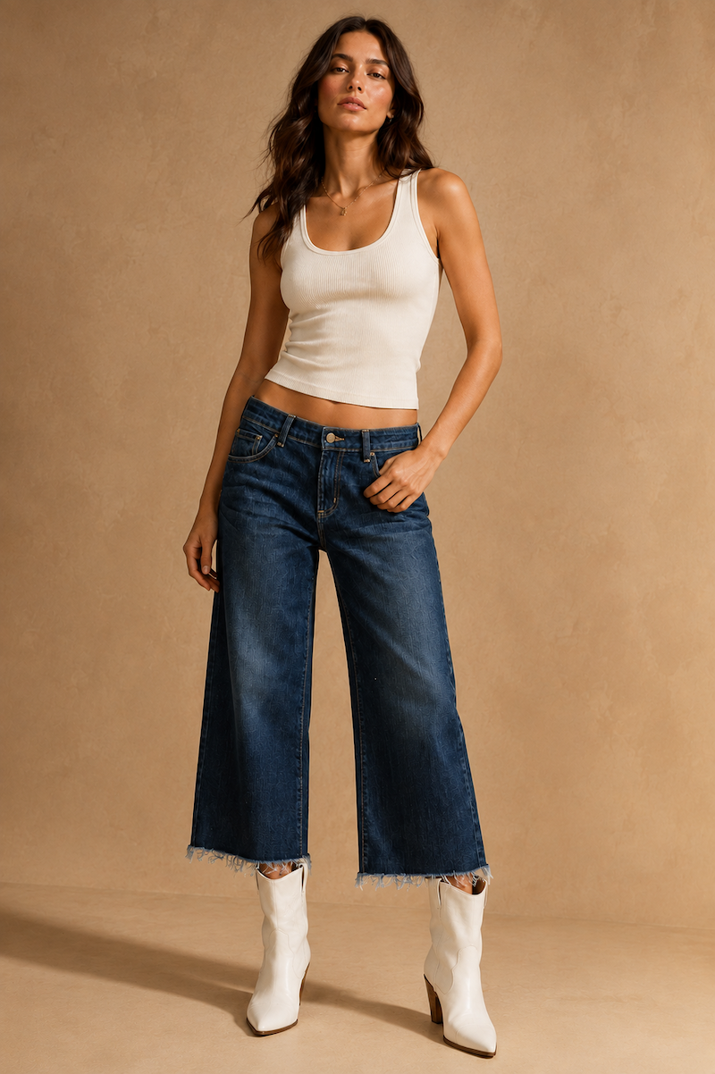 GJG Denim Sunday Low-Rise Wide-Leg Crop Jeans — Monterey Wash