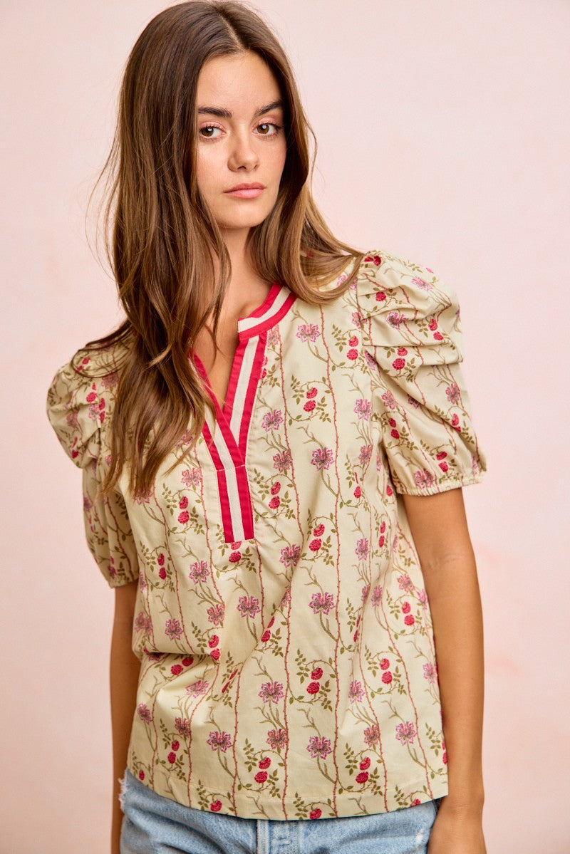 BiBi Floral Gather Sleeves Contrast Neckband Blouse Top