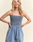 ADORA Smocked Spaghetti Strap Denim Romper