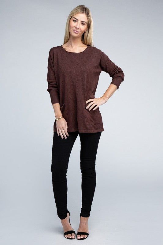 Zenana Viscose Front Pockets Sweater