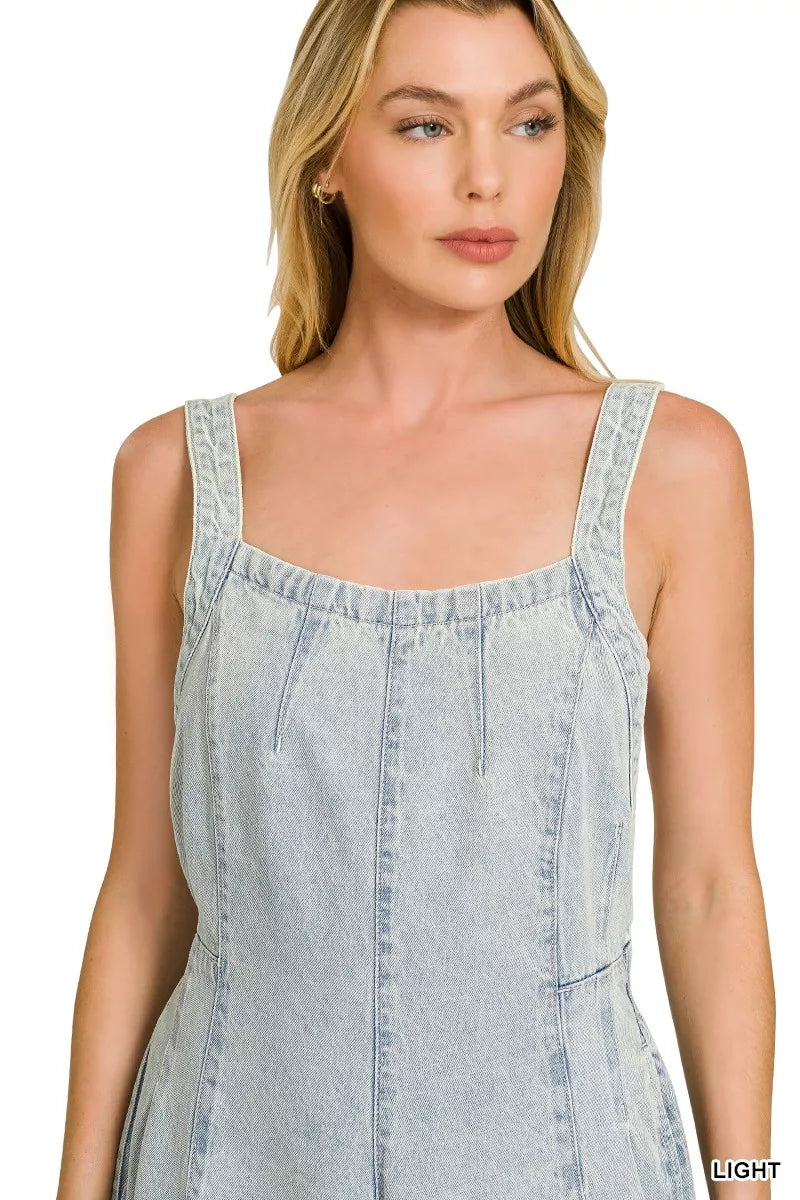 Zenana Denim Light Washed Wide Leg Overalls
