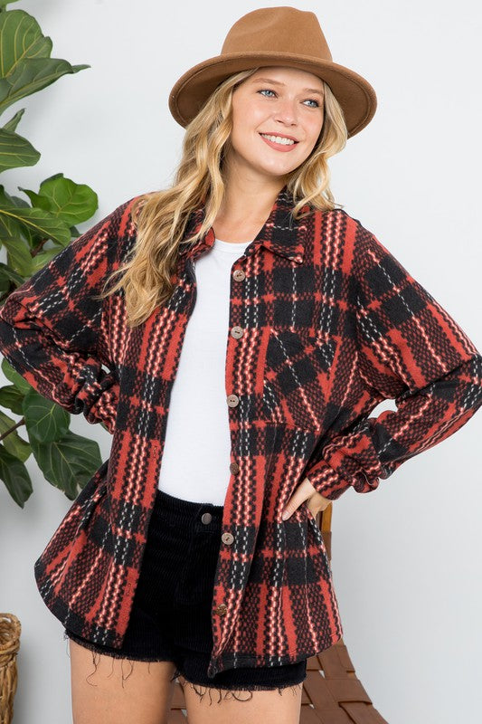 e Luna PLUS Fuzzy Plaid Button Down Shacket