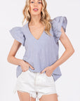 Ces Femme Striped V-Neck Ruffled Cap Sleeve Blouse