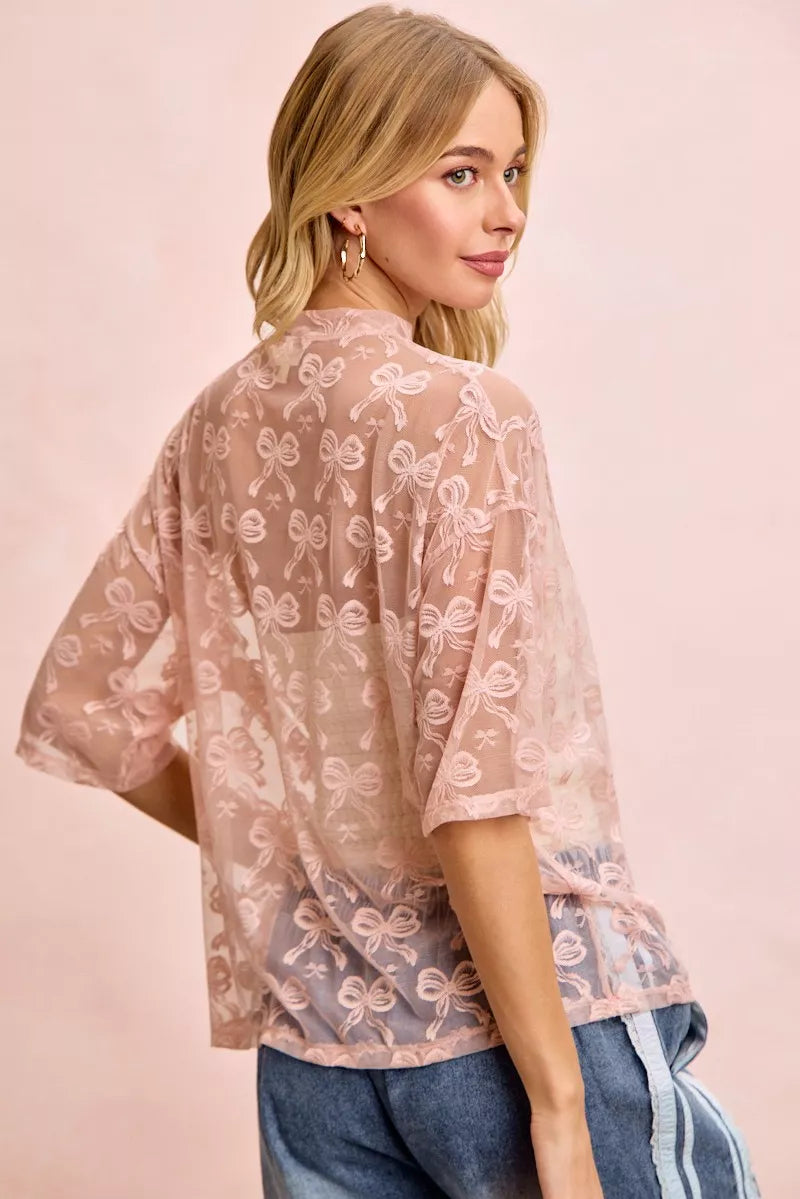 BiBi Bow Pattern Short Sleeves Boxy Mesh Top