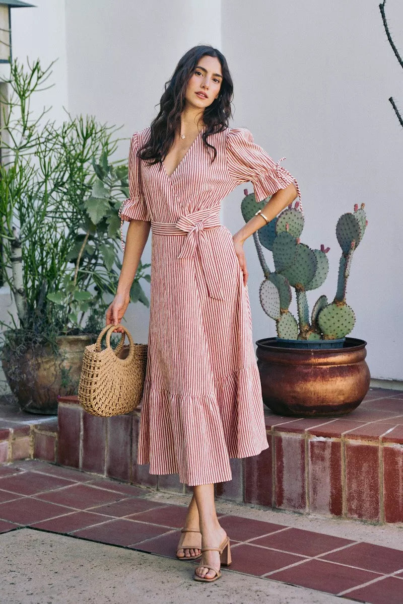 SO ME Stripe Textured Short Sleeves Lined Wrap Midi Dress