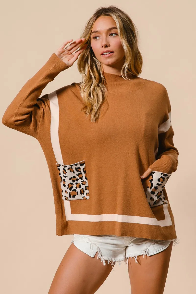 BiBi Mock Neck Sweater with Leopard Pocket