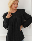 Women Eyelet Ruffle Shoulder Long Sleeve Blouse