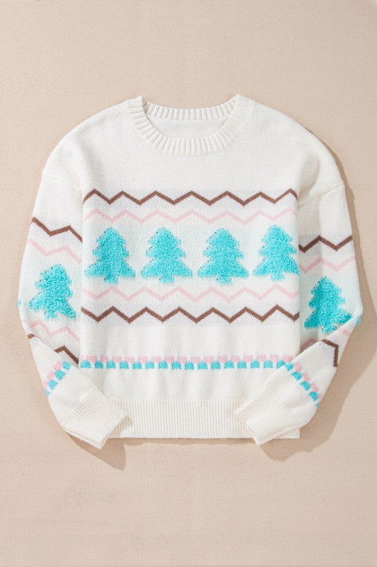 Christmas Tree Chevron Stripe Ribbed Trim Sweater
