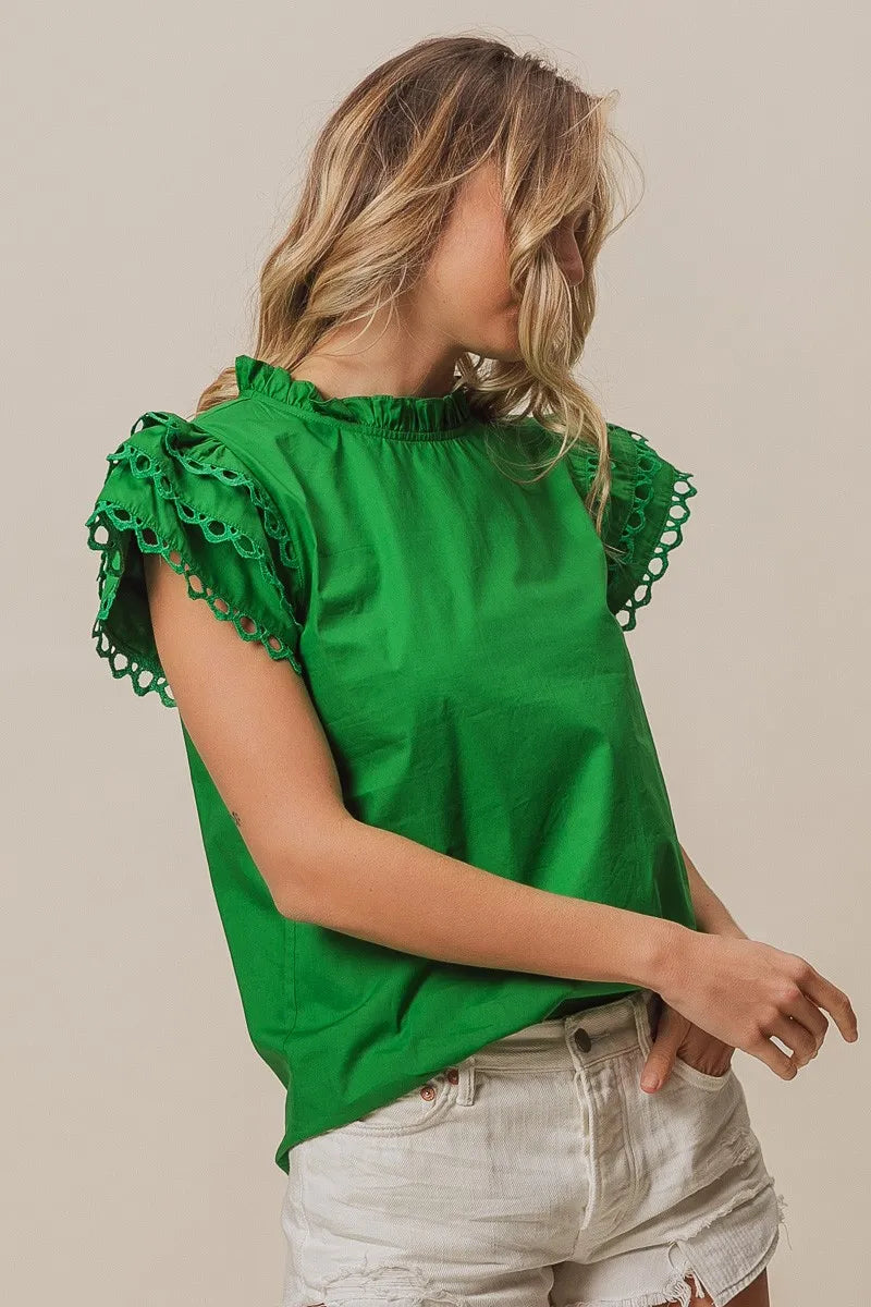 BiBi Solid Woven Circle Trim Ruffle Top