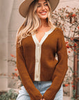Contrast Trim Buttoned V-Neck Cropped Cardigan