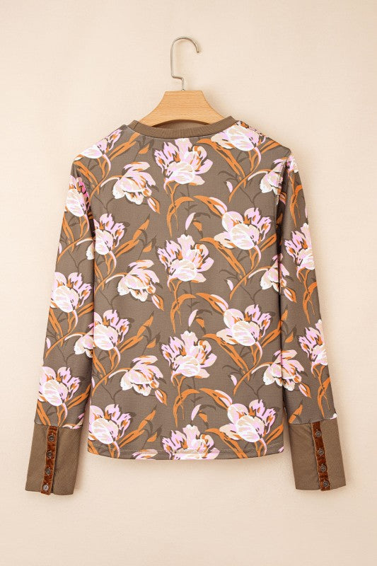 Floral Waffle Textured Long Sleeve Top