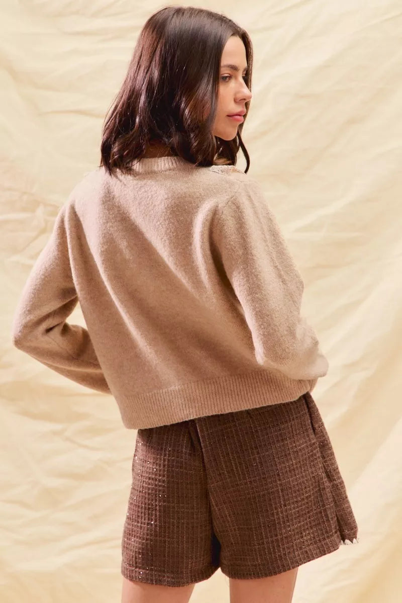 SO ME Front Lace Trim Button Cardigan Sweater