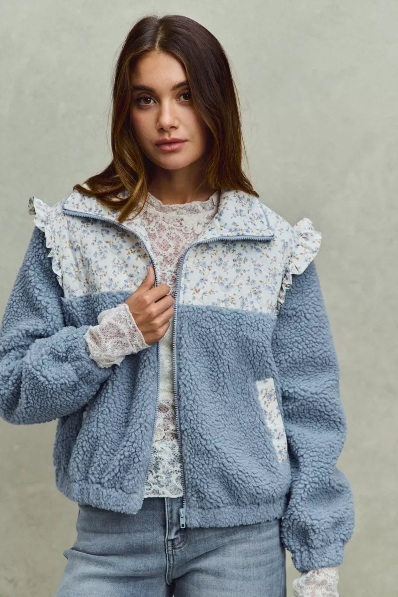 SO ME Faux Fur Sherpa Pull Jacket with Floral Contrast