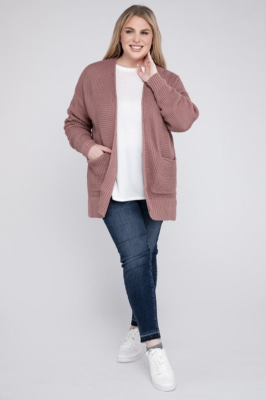 ZENANA Plus Low Gauge Waffle Open Cardigan Sweater