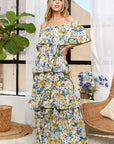 ADORA Layered Floral Off-Shoulder Short Sleeve Maxi Dress