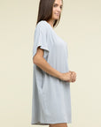 Zenana Woven Airflow V Neck T-Shirt Dress with Pockets