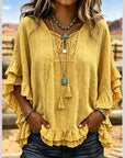 Women's Boho V-Neck Lace-Up Ruffle Sleeve Blouse – Lace Trim