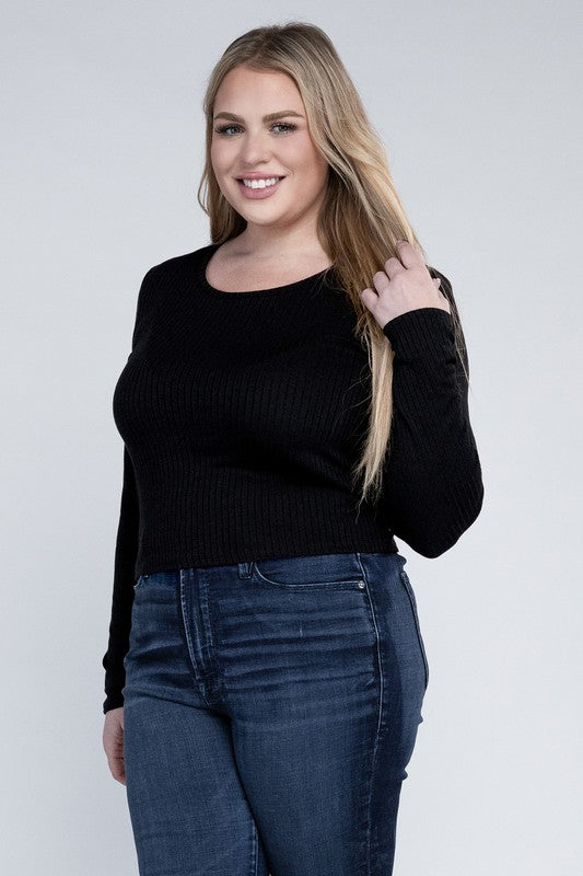 Plus Classic Ribbed Round Neck Long Sleeve Top