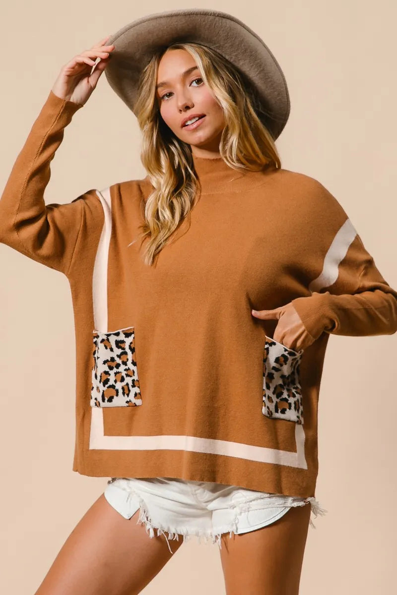 BiBi Mock Neck Sweater with Leopard Pocket